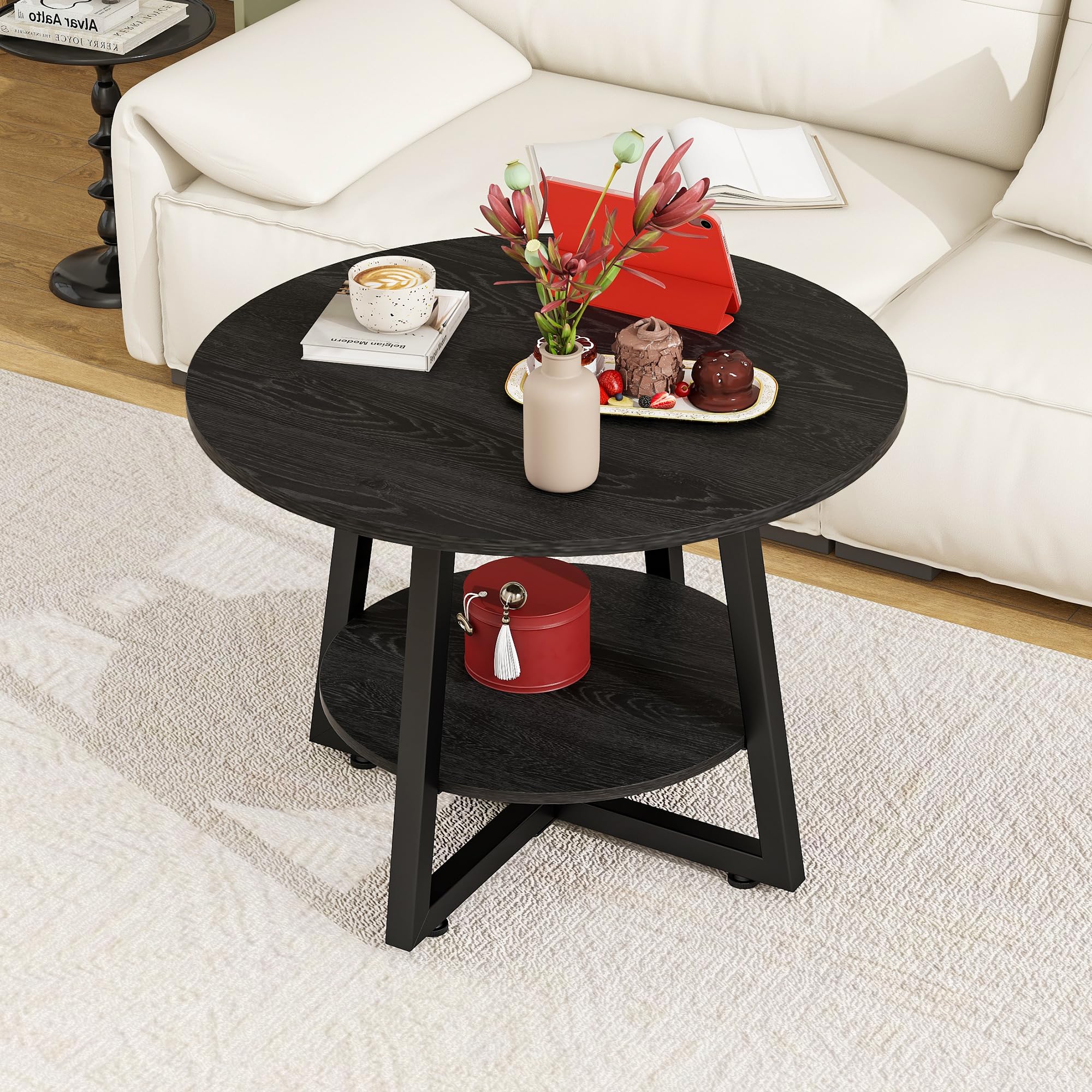 FOUBAM Round Coffee Table with Storage,Metal Small Coffee Table,Black