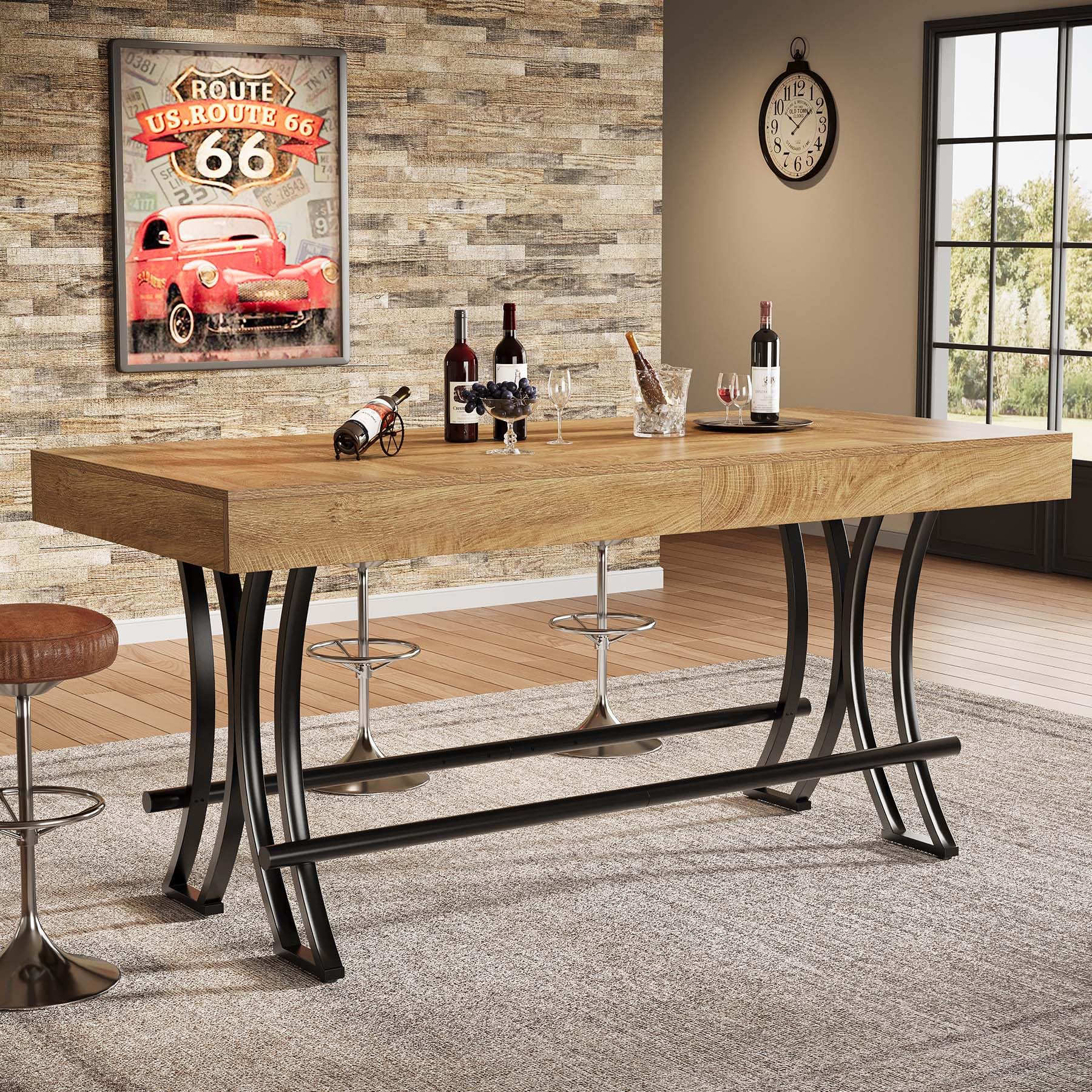 Tribesigns 90CM Tall Bar Pub Table with Metal Footrest,160CM Rectangular Counter Height Kitchen Dining Table