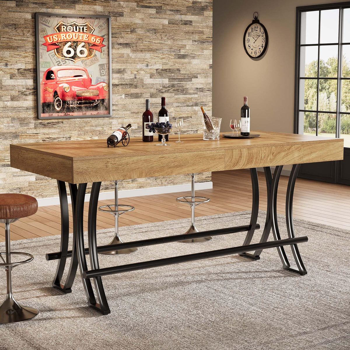 Tribesigns 90CM Tall Bar Pub Table with Metal Footrest,160CM Rectangular Counter Height Kitchen Dining Table
