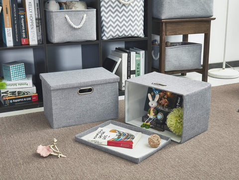 AlphaHome Large Storage Boxes with Lids [2 Pack], Foldable Linen Fabric Storage Baskets for Organising Clothes and Toys(Glaucous Grey, 39x27x25cm)