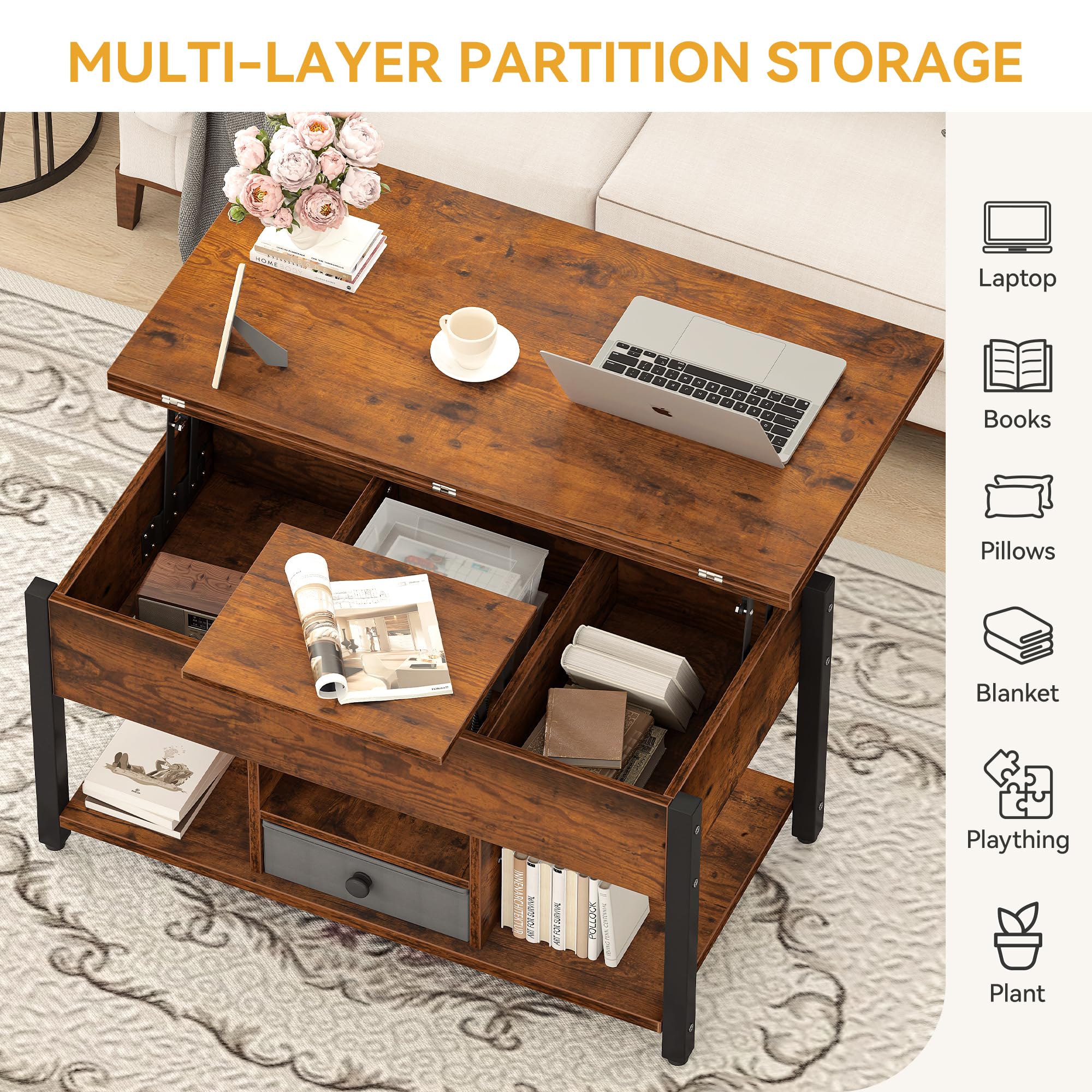 DWVO Lift Top Coffee Table, Converts to Dining Table, Features Drawers & Hidden Storage, Multi-Functional Coffee Table Living Room, Rustic Brown