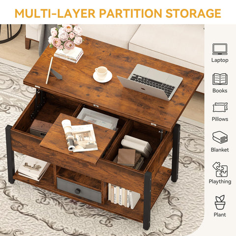DWVO Lift Top Coffee Table, Converts to Dining Table, Features Drawers & Hidden Storage, Multi-Functional Coffee Table Living Room, Rustic Brown