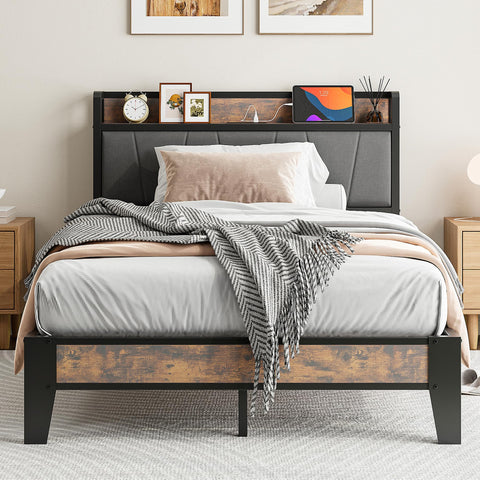 IRONCK Small Double Bed Frame with Storage Shelf Upholstered Headboard, Platform Bed Frame with Charging Station, Metal Bed Frame/UnderBed Storage