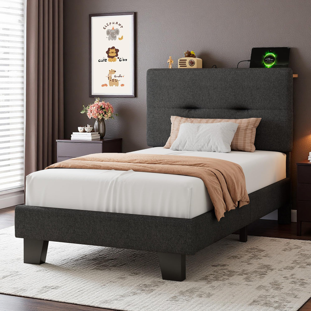 Feonase 3ft Single Bed Frame with Storage Linen Headboard, Upholstered Single beds with Charging Station, Sturdy Wooden Slat Support, Easy Assembly