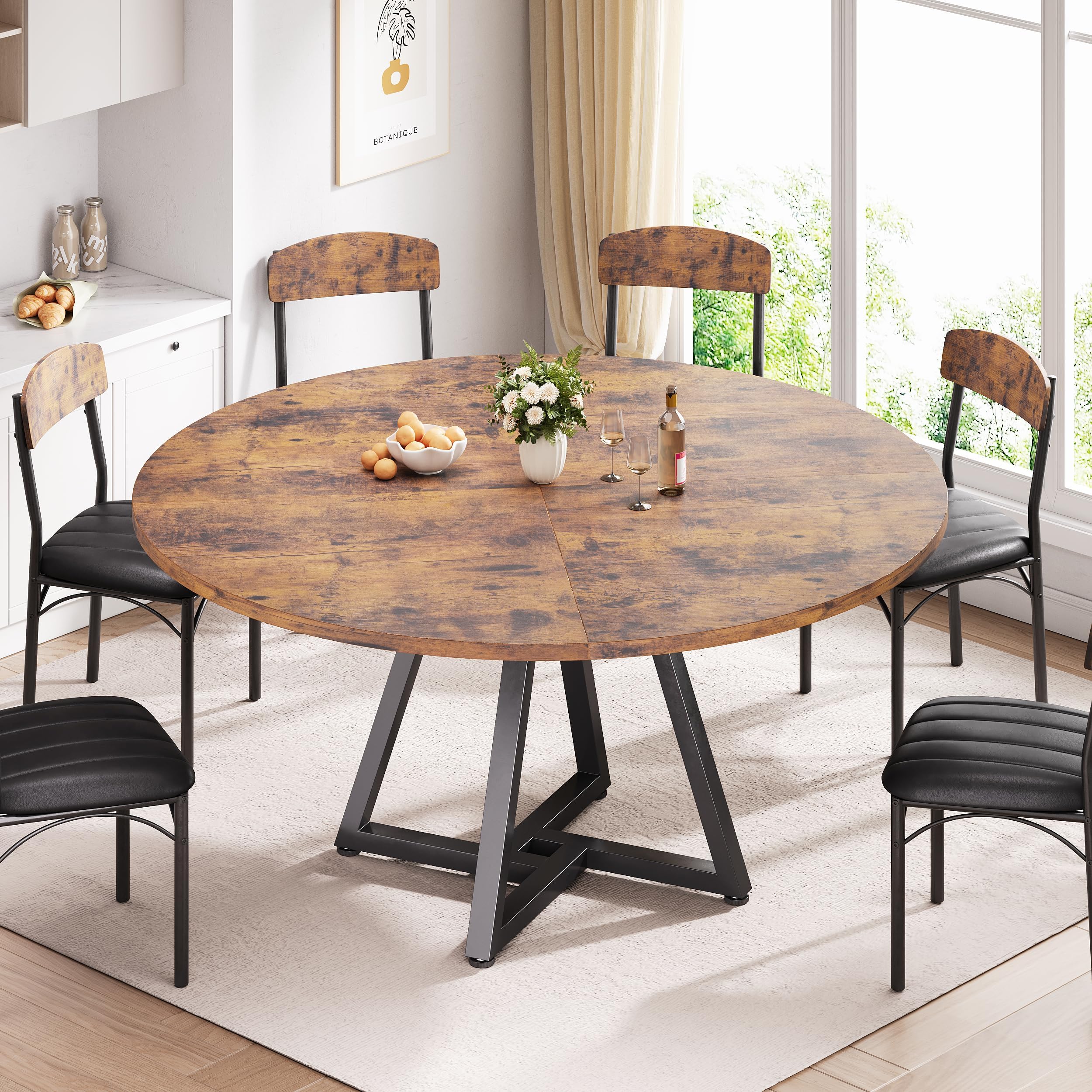 Jocoevol Round Kitchen Dining Table for 4-6 People, Circle Dinner Table with Metal Frame, Space Saving Wood Industrial Furniture (Vintage, 51 inch