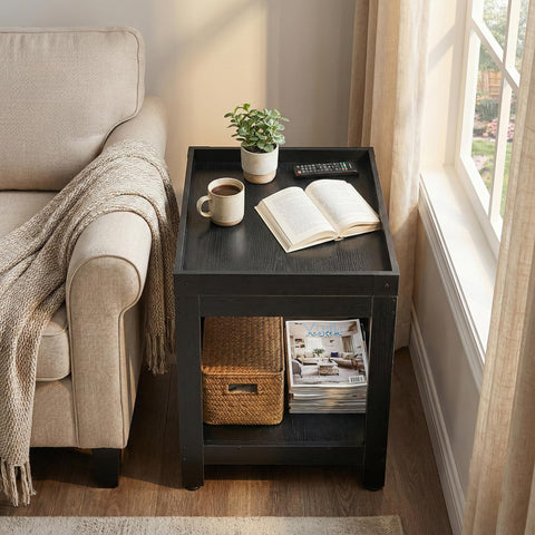 Farmhouse Square Side Table with Open Storage Shelves, Large End Table Modern Sofa Table with X-Metal Frame