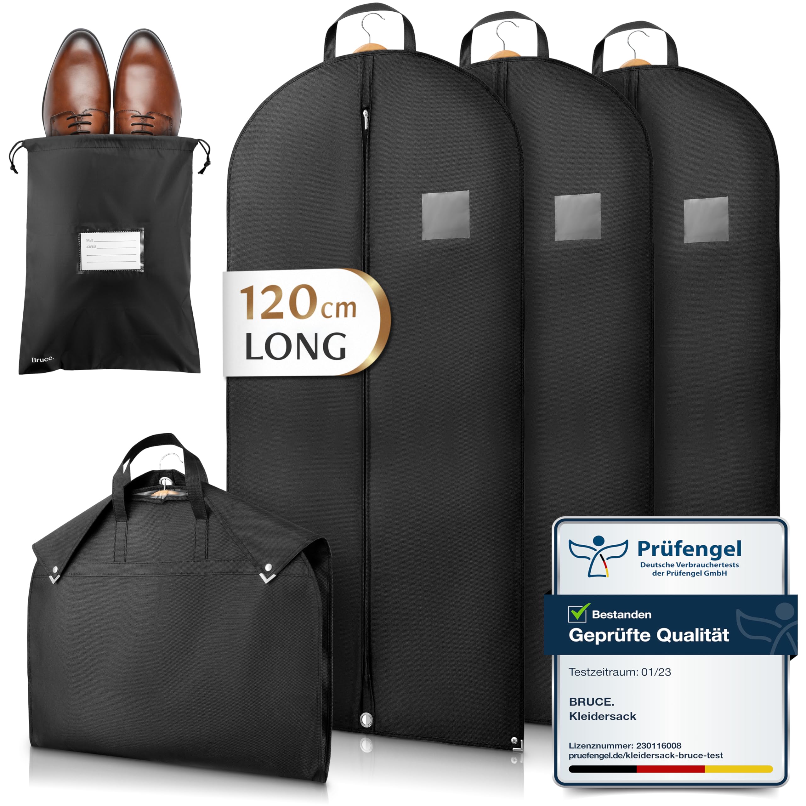 Bruce.® 3x Garment Bags 120x60 cm + Shoe Bag – Black