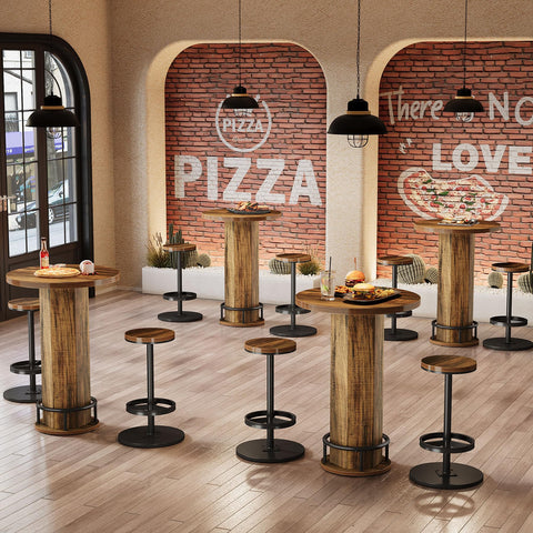 Tribesigns Round Bar Table with Chairs, Industrial Bistro Sets with 2 barstools, Pub Cocktail Table with Metal Ring Footrest for Kitchen Nook