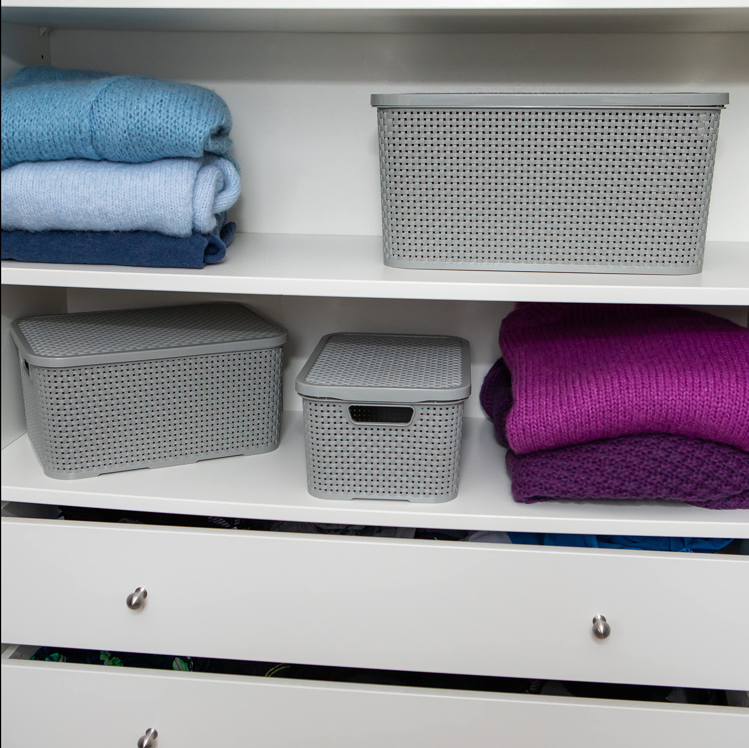 BranQ - Home essential Lid Basket in Rattan Design Size M 10 L BPA- Plastic PP Light Grey 28.8 x 19.7 x 16.2 cm 2 Pieces M