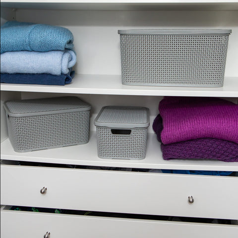 BranQ - Home essential Lid Basket in Rattan Design Size M 10 L BPA- Plastic PP Light Grey 28.8 x 19.7 x 16.2 cm 2 Pieces M