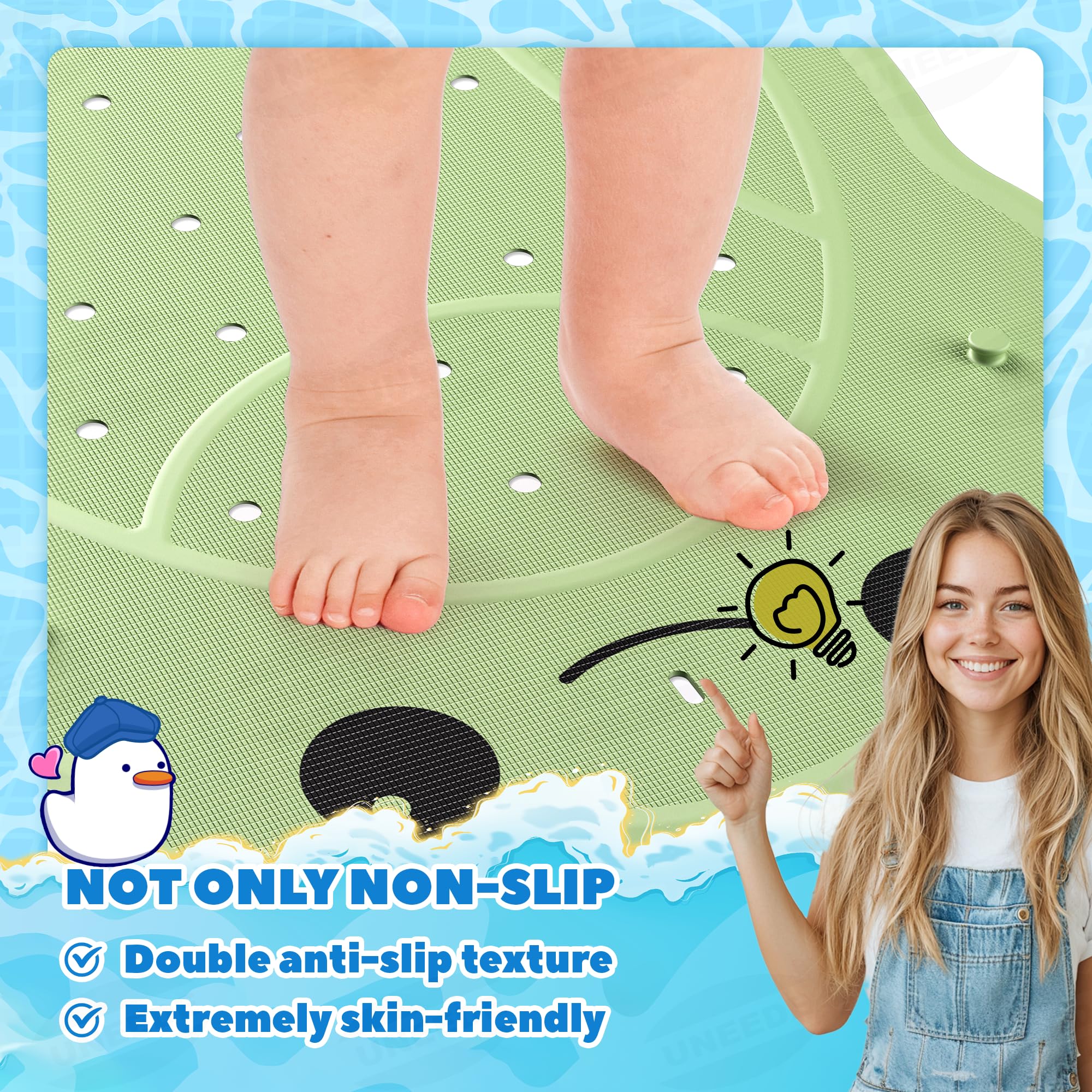 UNEEDE Non Slip Bath Mat for Kids, Frog Rubber Bathtub Mat, 76x45cm