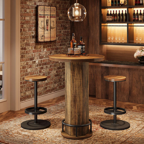 Tribesigns Round Bar Table with Chairs, Industrial Bistro Sets with 2 barstools, Pub Cocktail Table with Metal Ring Footrest for Kitchen Nook
