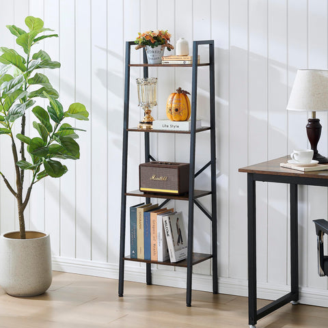 Hoctieon 4-Tier Industrial Ladder Bookshelf, Narrow Ladder Shelf, Tall Standing Bookshelf, Skinny Open Ladder Shelf, for Living Room, Home Office