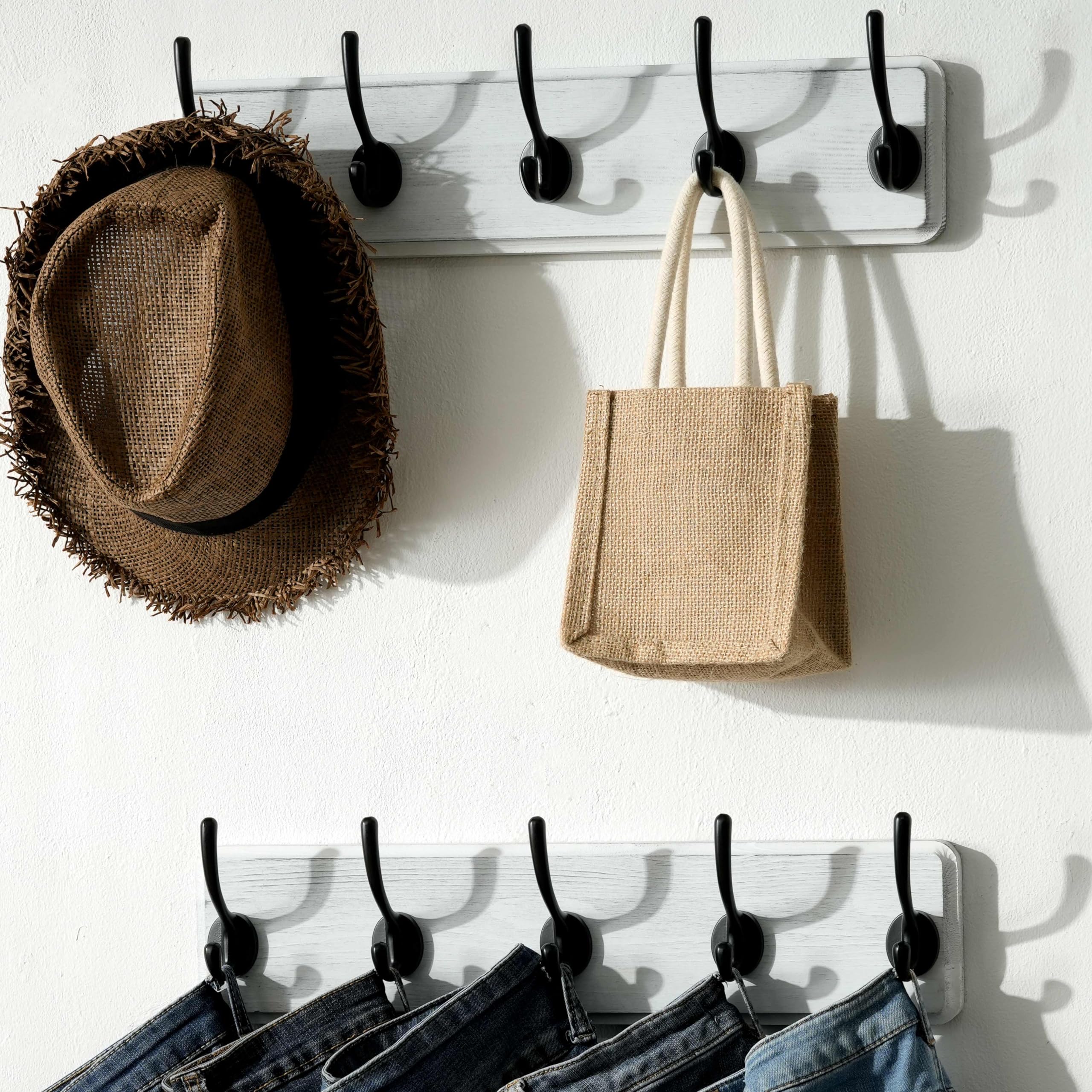 SKOLOO Farmhouse Style Wall Mounted Coat Rack, Pine Solid Wood Coat Hook Hanger - 5 Hooks for Hanging Clothes Robes Towels Coats