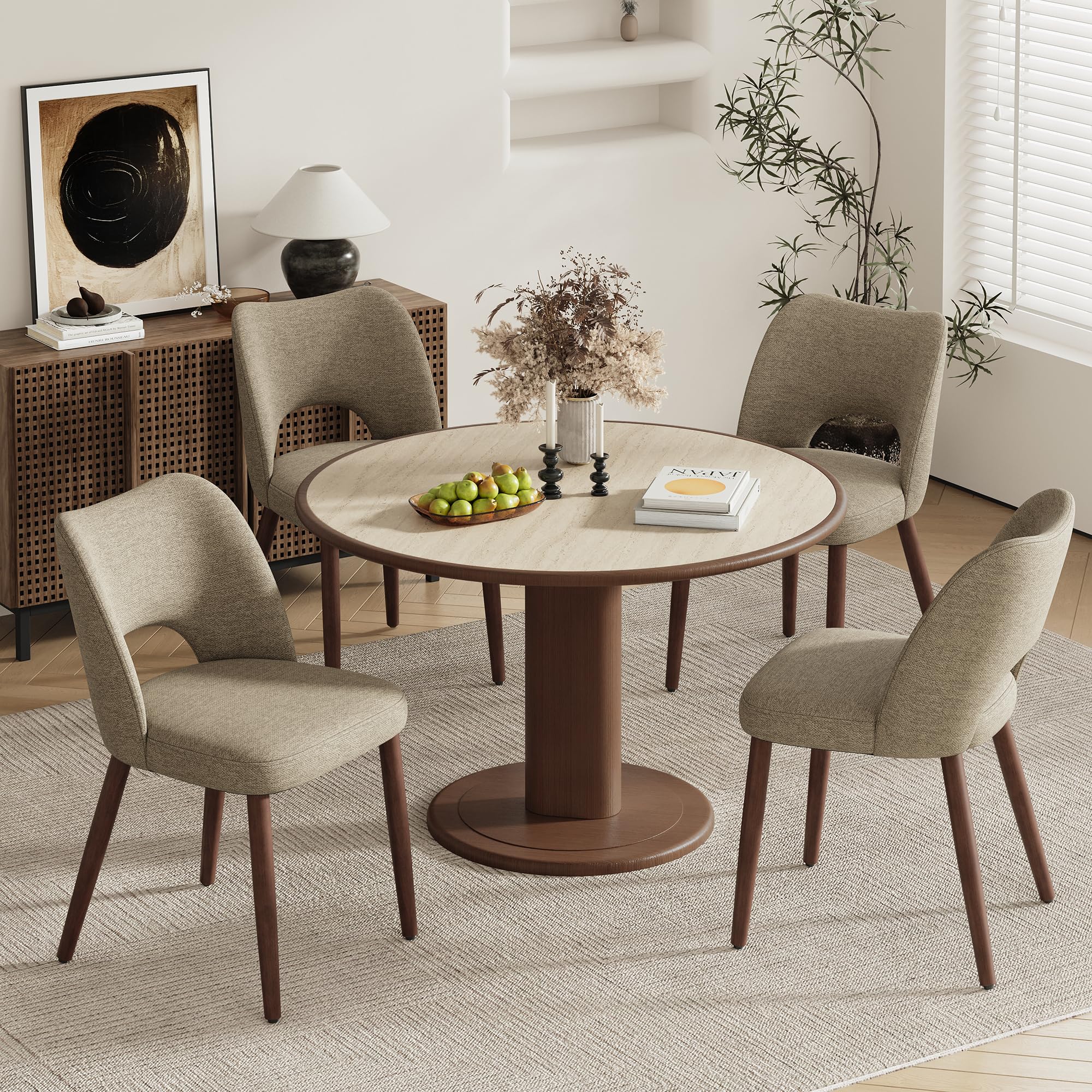 MALOL Upholstered Dining Chairs Set of 4, Fabric Chairs for Dining Room with Solid Wood Legs, Hollow Backrest and Thick Seat Cushion