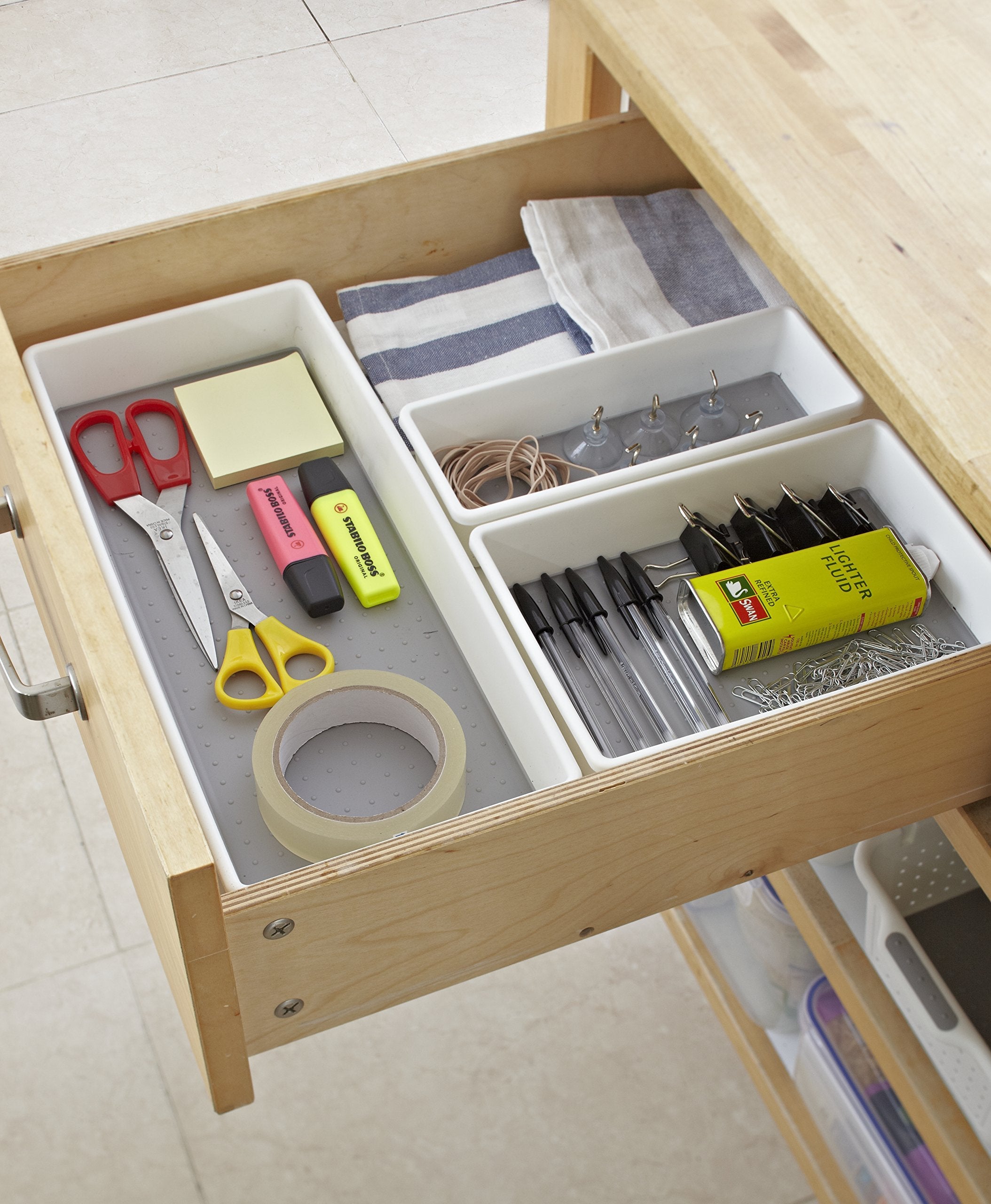 Addis 506985 Premium Tidy Drawer Soft Base Storage Boxes, White Grey, Set of 3, 18 x 40 x 7.5 cm
