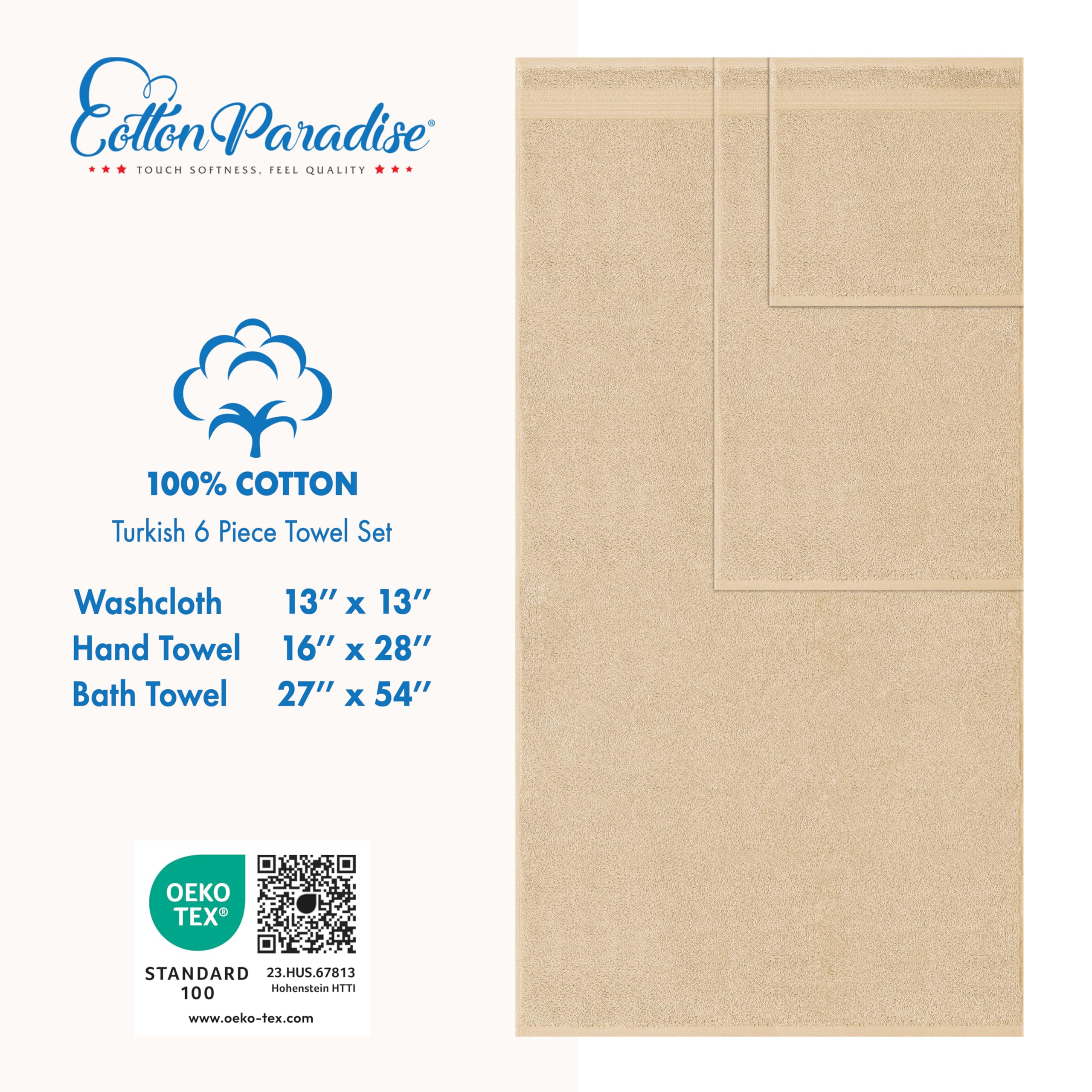 Cotton Paradise 6 Piece Towel Set, 100% Turkish Cotton Soft Absorbent Towels for Bathroom, 2 Bath Towels 2 Hand Towels 2 Washcloths
