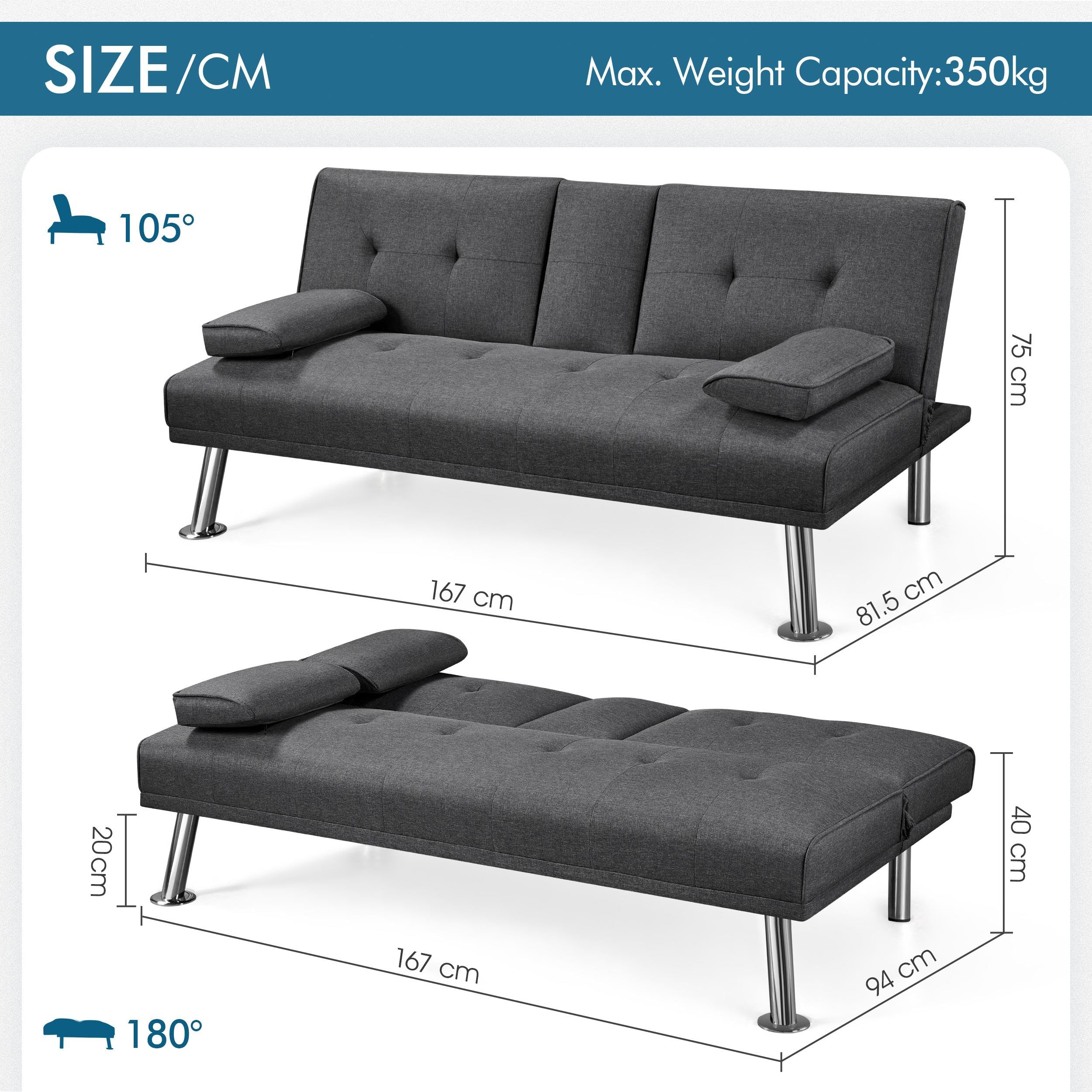 Yaheetech Dark Grey 3-in-1 Convertible Upholstered Cup Holder Sofa Bed