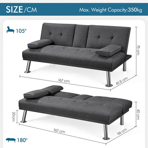 Yaheetech Dark Grey 3-in-1 Convertible Upholstered Cup Holder Sofa Bed