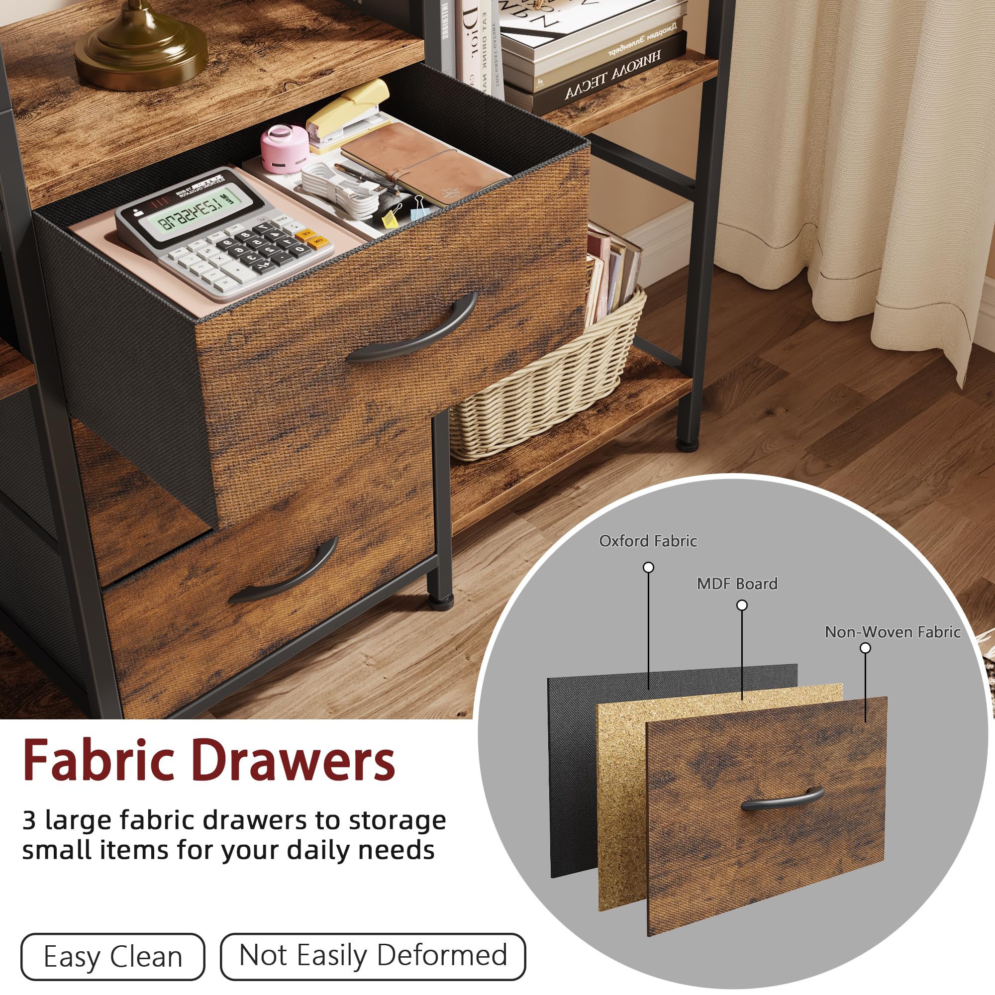 OYRREU 5-Tier Bookcase with Drawers, 120cm Wide Rustic Brown Shelving Unit