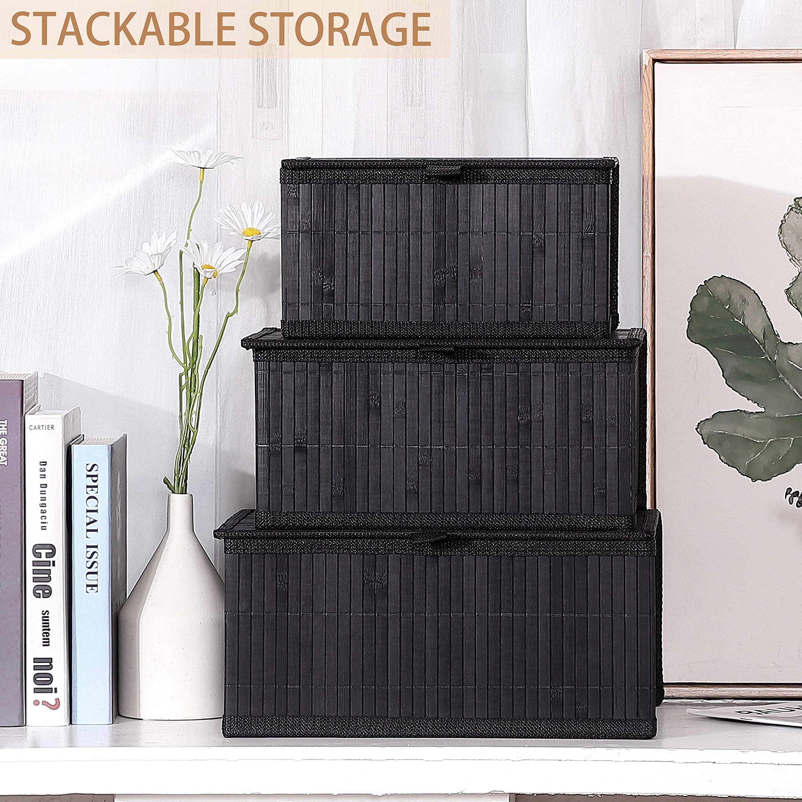 Honygebia Storage Basket with Lid – Black Decorative Bamboo Box for Organizing, Set of 3 Wicker Basket and Woven Fabric Lining for Home, Kitchen