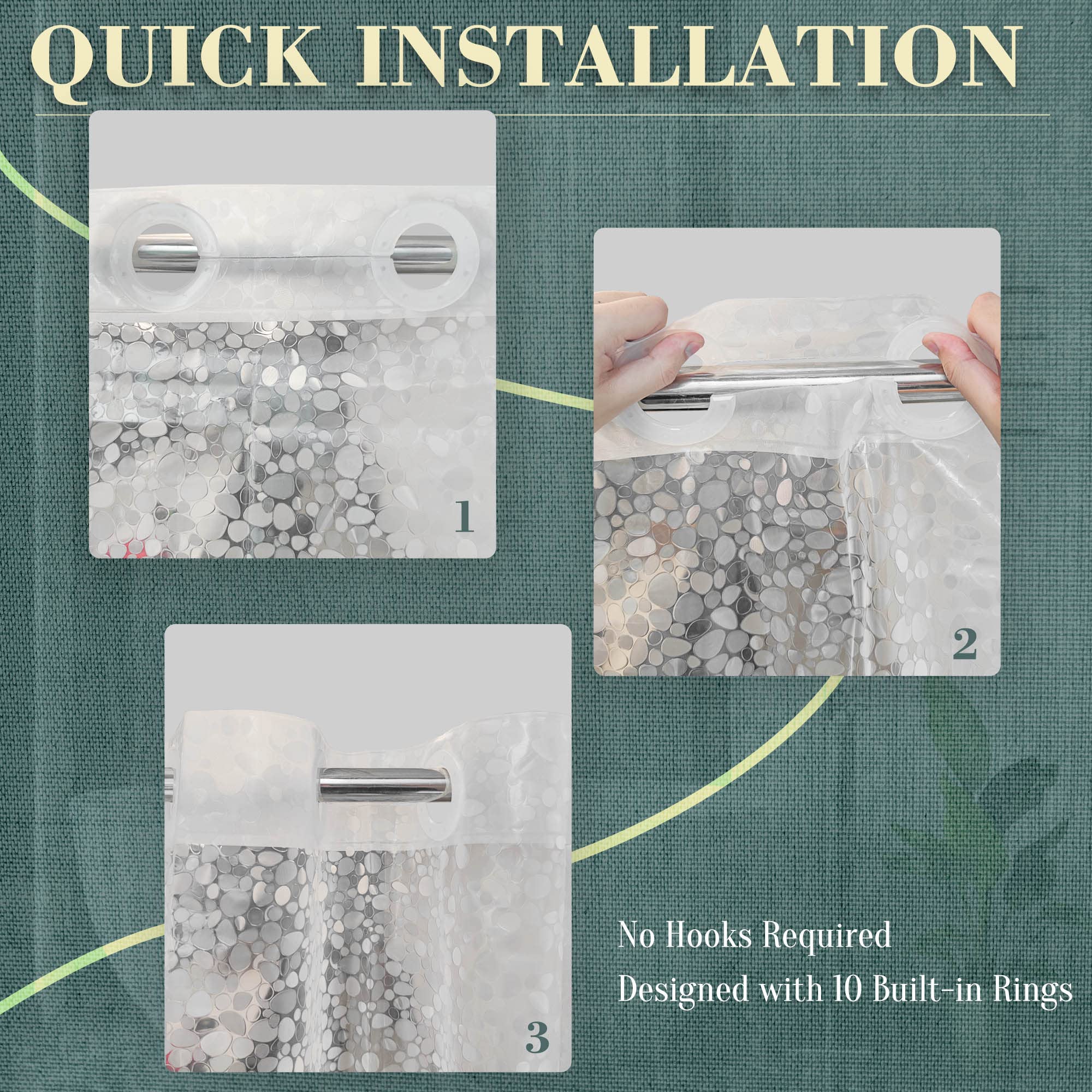 ABLUEN No Hook Shower Curtain or Liner - 8G Heavy Duty Cobblestone Bathroom Shower Curtain No Hooks Required, Waterproof Plastic & PVC Free