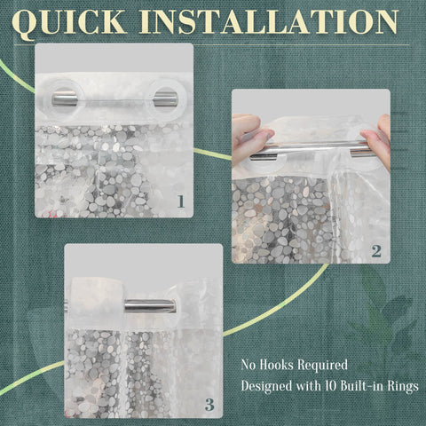 ABLUEN No Hook Shower Curtain or Liner - 8G Heavy Duty Cobblestone Bathroom Shower Curtain No Hooks Required, Waterproof Plastic & PVC Free