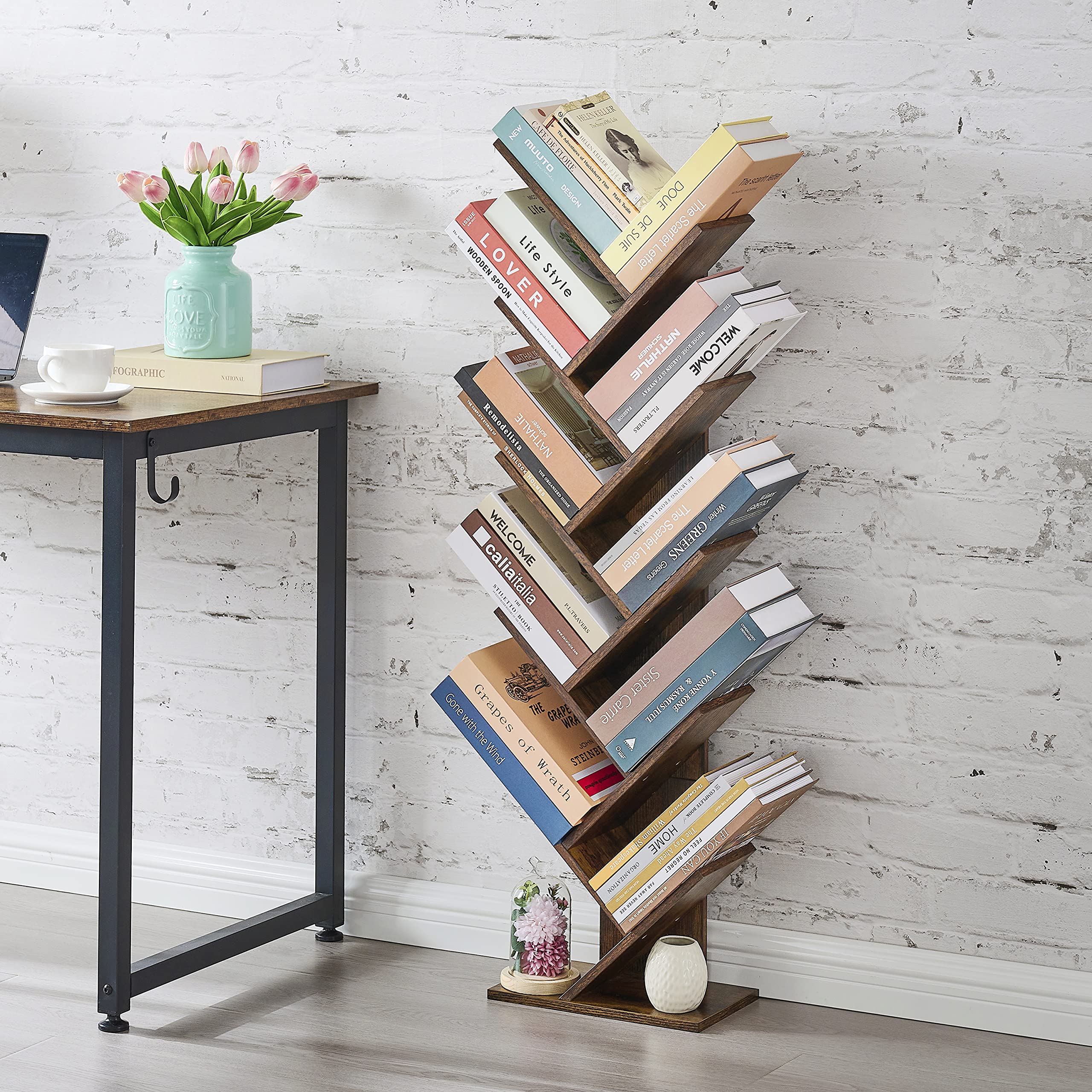 Hoctieon 10 Tier Tree Bookshelf, 10 Shelf Bookcase, Free Standing Tree Bookcase, Display Floor Standing Shelf for Books