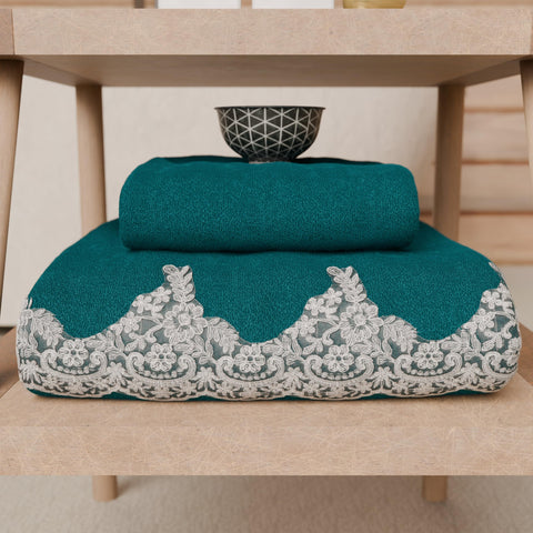 PETTI Artigiani Italiani - 100% Cotton Terry Bath Towels, 1+1 Towel Set, 2 Pieces 1 Face Towel and 1 Hand Towel, Teal