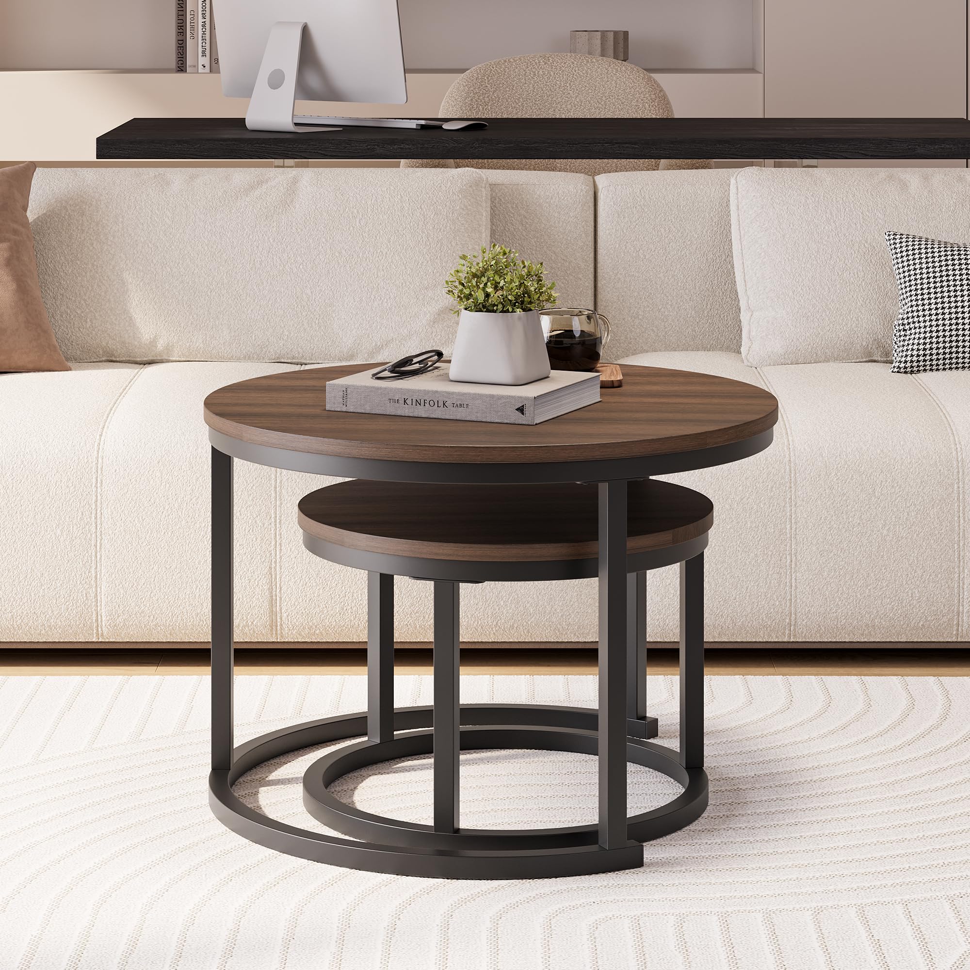 HOJINLINERO Round Nesting Coffee Table Set of 2,Stacking Sofa Side Table End Table, for Living Room, Bedroom, Office, Balcony, Apartment (Walnut)