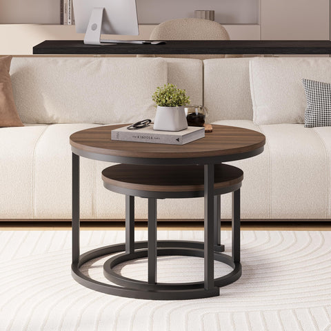 HOJINLINERO Round Nesting Coffee Table Set of 2,Stacking Sofa Side Table End Table, for Living Room, Bedroom, Office, Balcony, Apartment (Walnut)