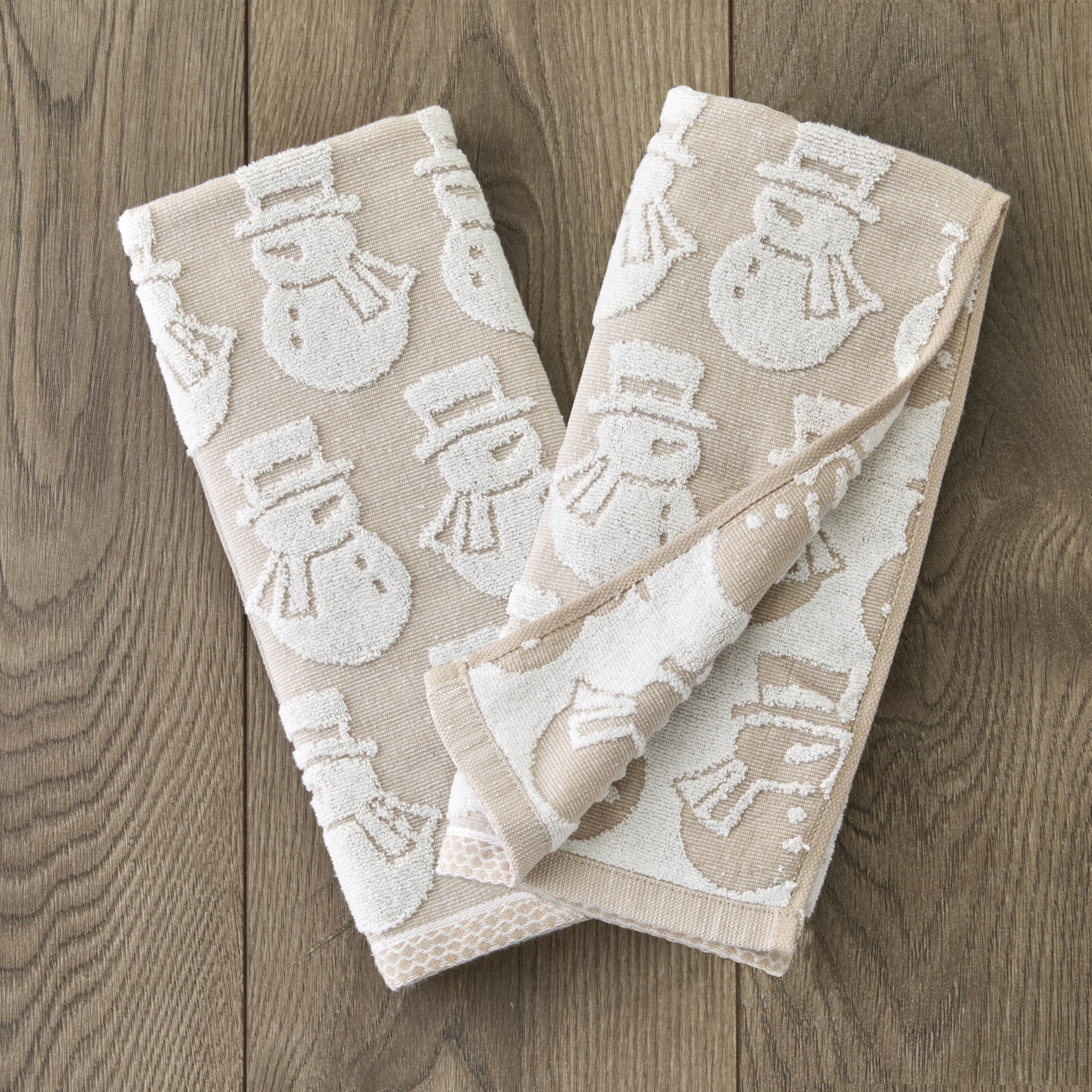 SKL Home Christmas/Winter Snowman Jacquard 100% Cotton Reversible 2pc Hand Towel Set, Soft & Absorbent, Decorative for Bath/Kitchen/Bar & Gift, Tan