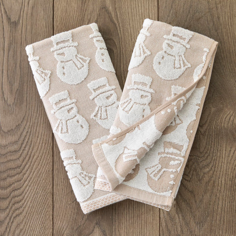 SKL Home Christmas/Winter Snowman Jacquard 100% Cotton Reversible 2pc Hand Towel Set, Soft & Absorbent, Decorative for Bath/Kitchen/Bar & Gift, Tan