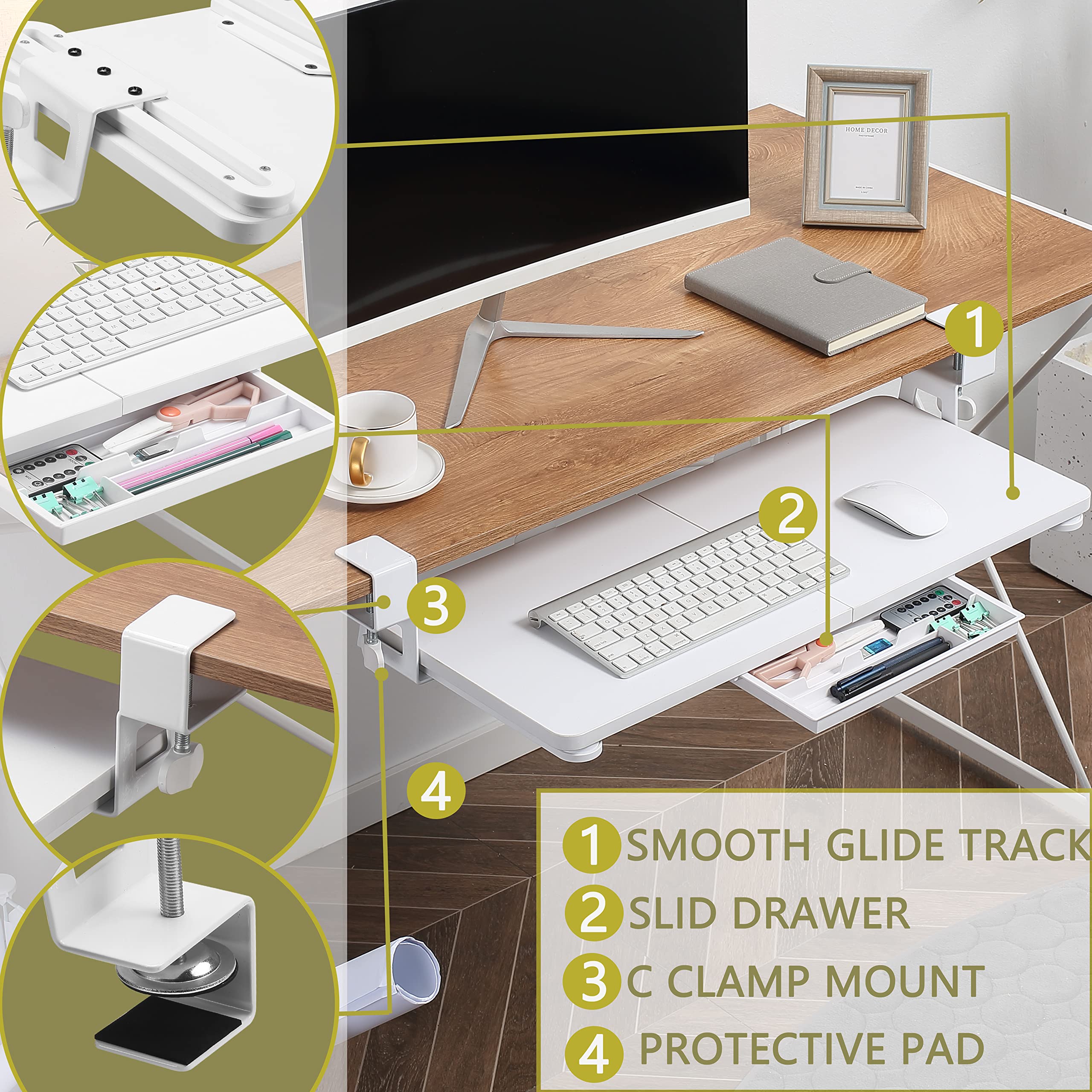 ETHU Keyboard Tray under Desk, 50×30cm Pull-out Keyboard Drawer for Desk, Retractable Ergonomic Sliding Keyboard Shelf for Office & Home (White)