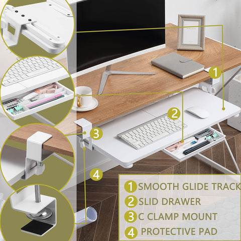 ETHU Keyboard Tray under Desk, 50×30cm Pull-out Keyboard Drawer for Desk, Retractable Ergonomic Sliding Keyboard Shelf for Office & Home (White)