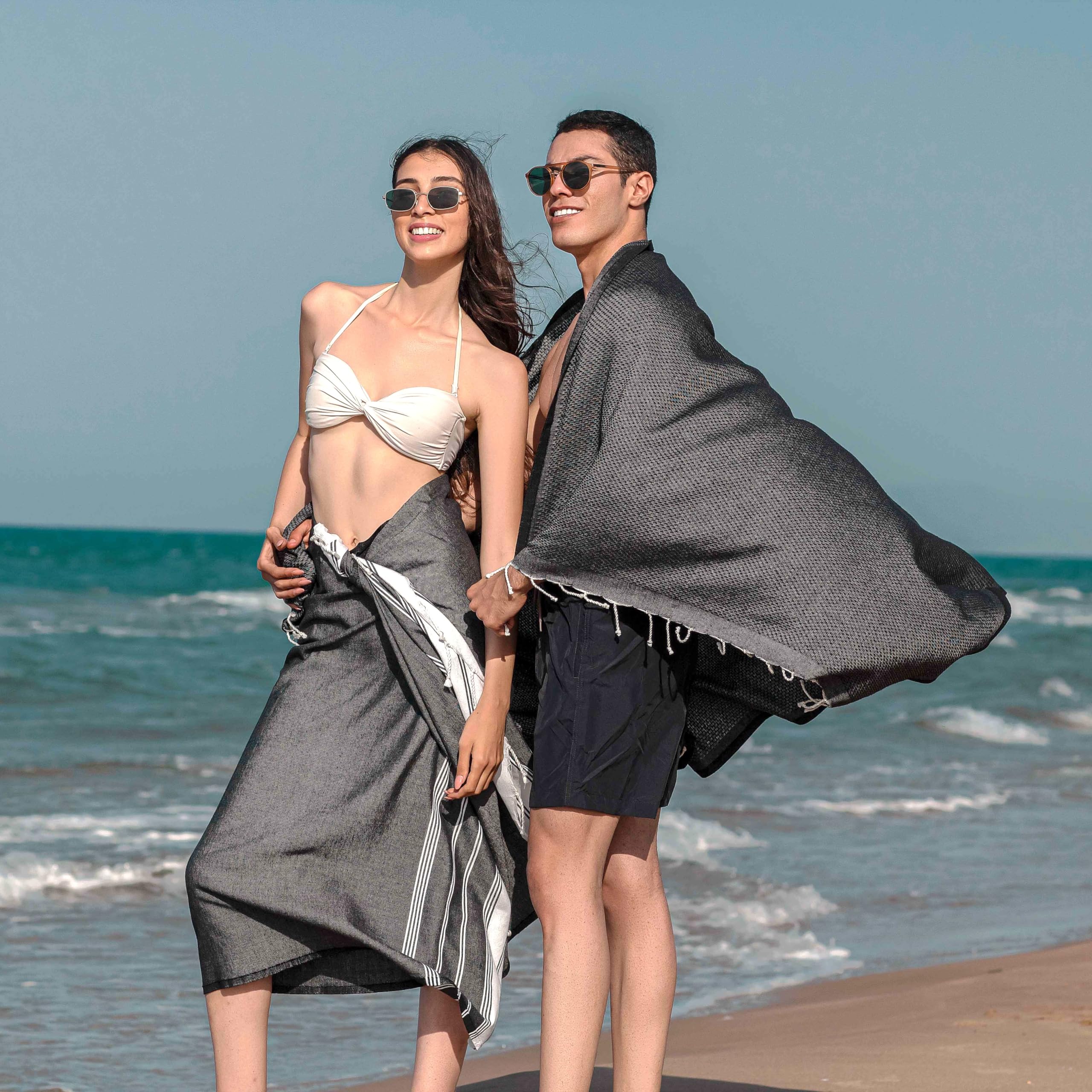 NOUR Premium 100% Cotton Turkish beach towel, Pack of 2, 100 x 200 cm, Picnic Blanket, Sauna & Hammam Towels, Extra Light, Absorbent, Quick-Drying