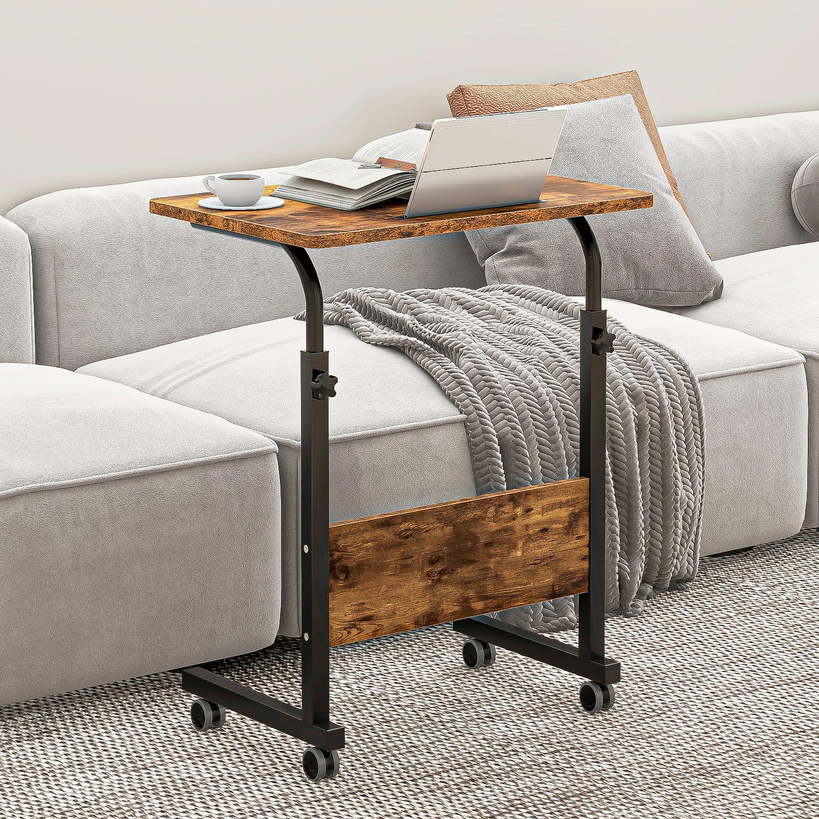 sogesfurniture Height-adjustable laptop table, computer desk with tablet slot, 60 x 40 cm, PC table, sofa table, care table, side table with wheels