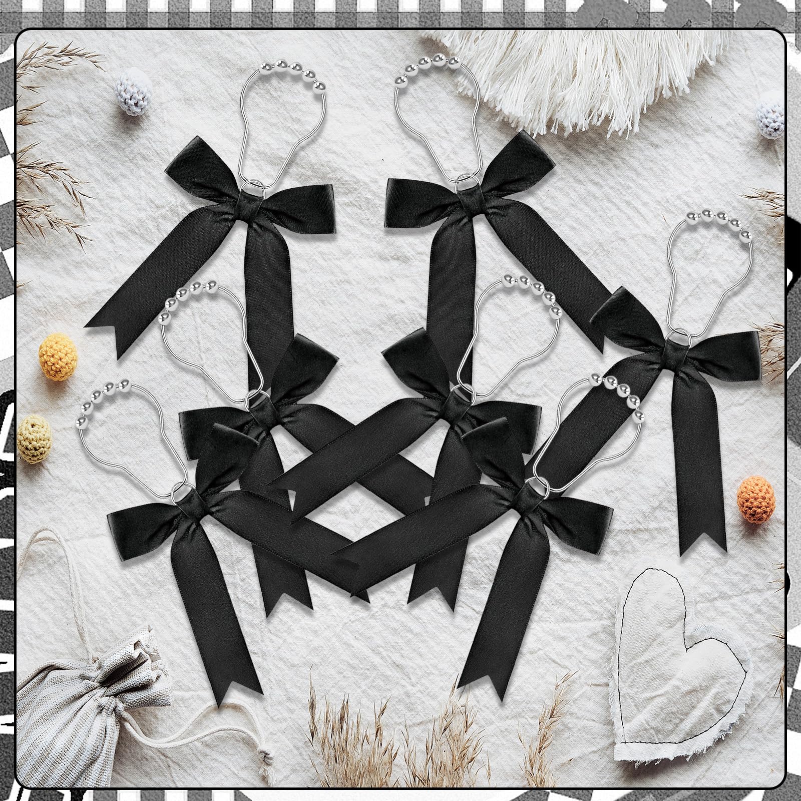 12 Black Bow Shower Curtain Hooks, Cute Bow Bathroom Accessories Decor Supplies, Stainless Steel Fine Workmanship Shower Rings Decor