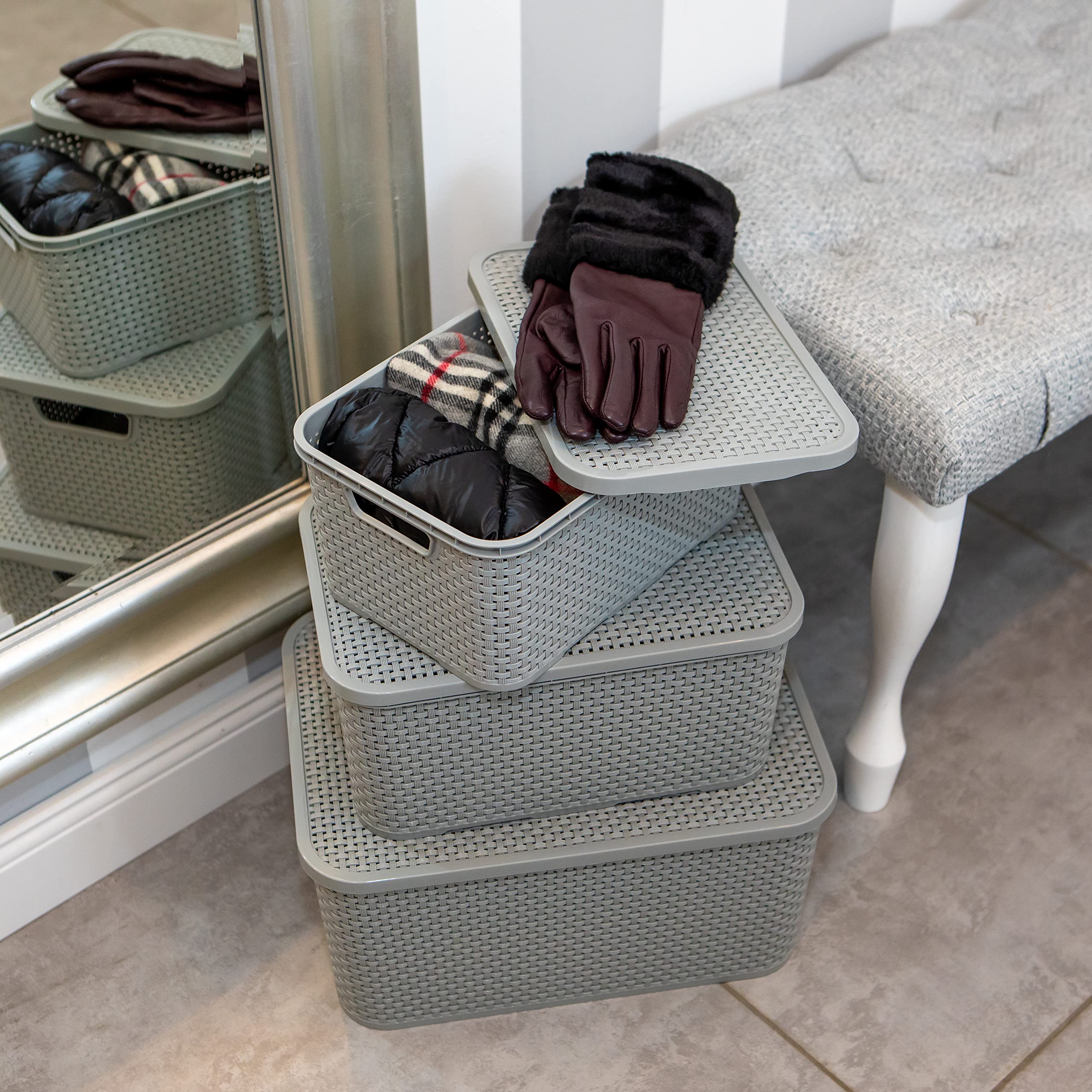 BranQ - Home essential Lid Basket in Rattan Design Size M 10 L BPA- Plastic PP Light Grey 28.8 x 19.7 x 16.2 cm 2 Pieces M