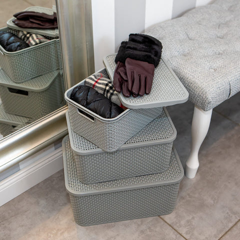 BranQ - Home essential Lid Basket in Rattan Design Size M 10 L BPA- Plastic PP Light Grey 28.8 x 19.7 x 16.2 cm 2 Pieces M