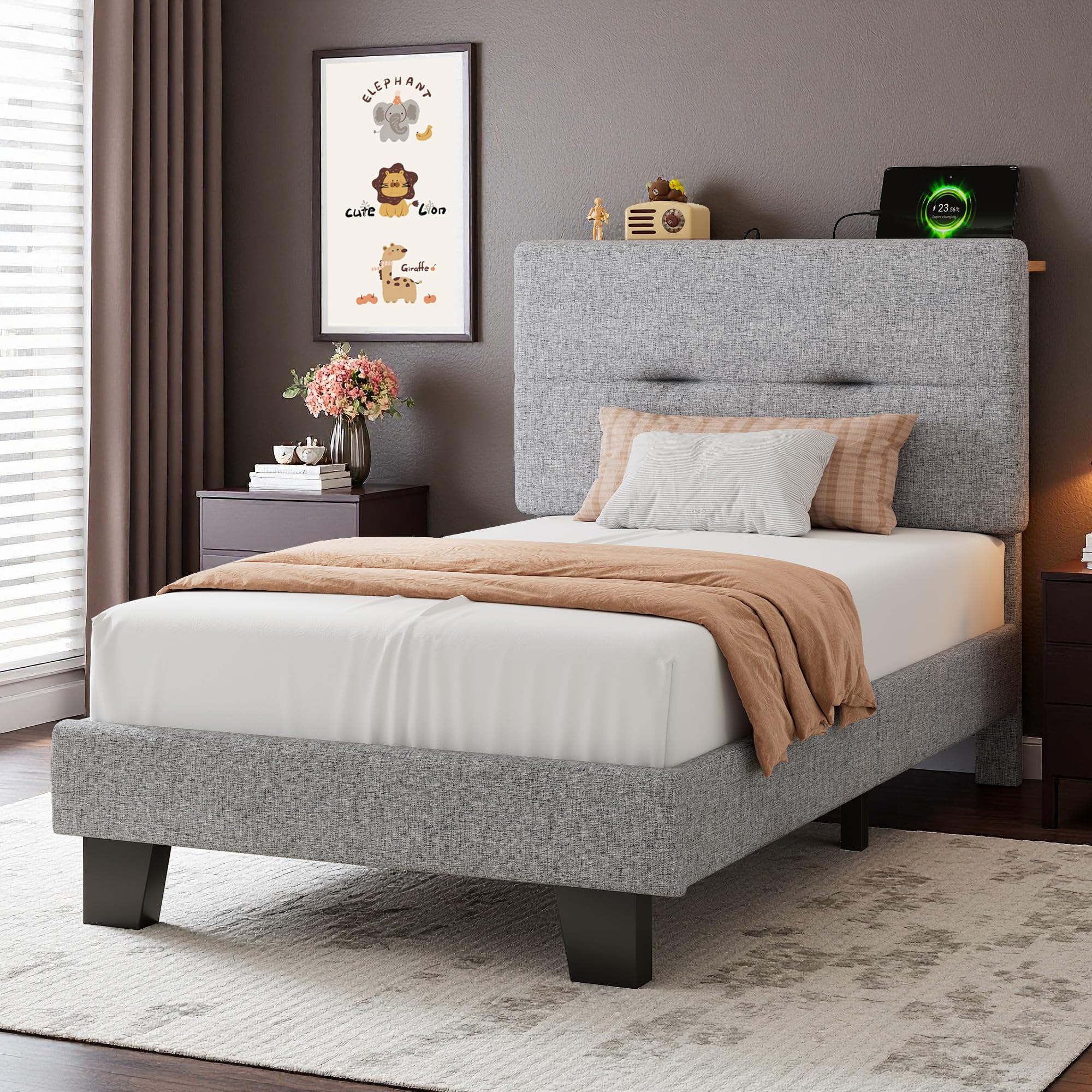 Feonase 3ft Single Bed Frame with Storage Linen Headboard, Upholstered Single beds with Charging Station, Sturdy Wooden Slat Support, Easy Assembly