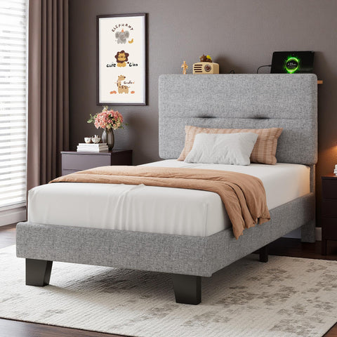 Feonase 3ft Single Bed Frame with Storage Linen Headboard, Upholstered Single beds with Charging Station, Sturdy Wooden Slat Support, Easy Assembly