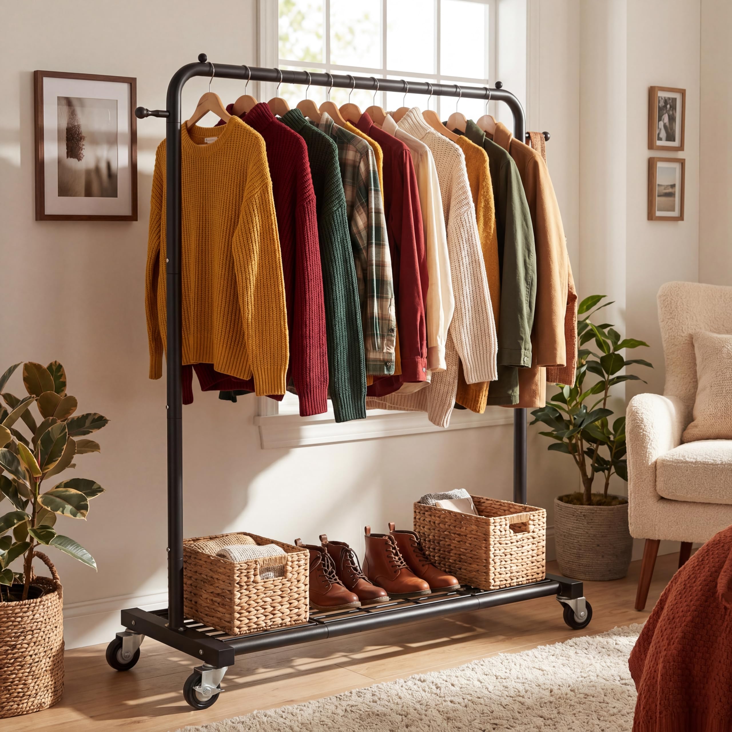 Sywhitta Clothes Rack on wheels, Clothing Rack with Bottom Mesh Storage Shelf,Sturdy Metal Frame,Rolling Garment Rack for Hanging