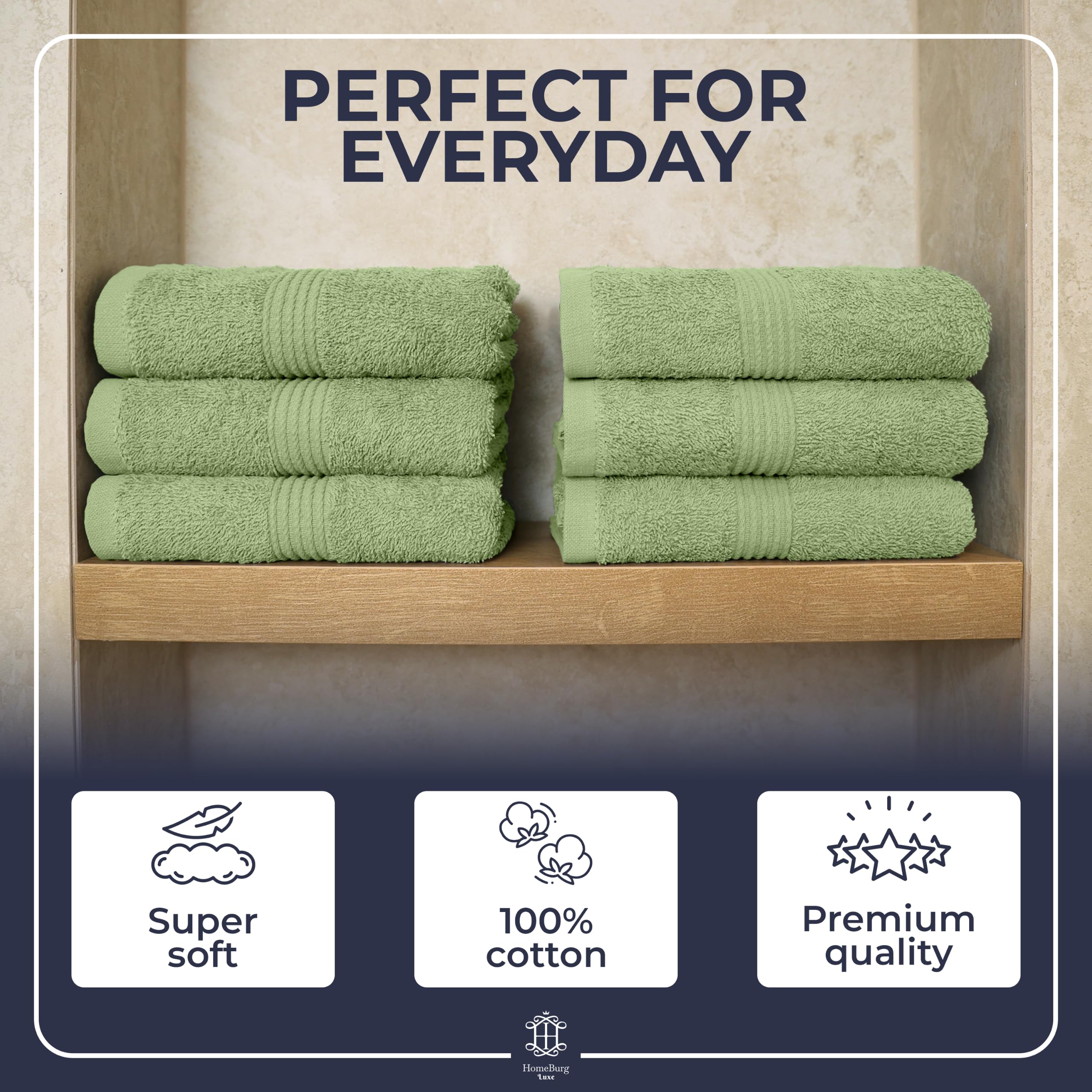 HomeBurg Luxe 6-Piece Towel Set – Soft & Absorbent Cotton, Quick-Drying, Easy Care, 40 x 70 cm, Sage Green