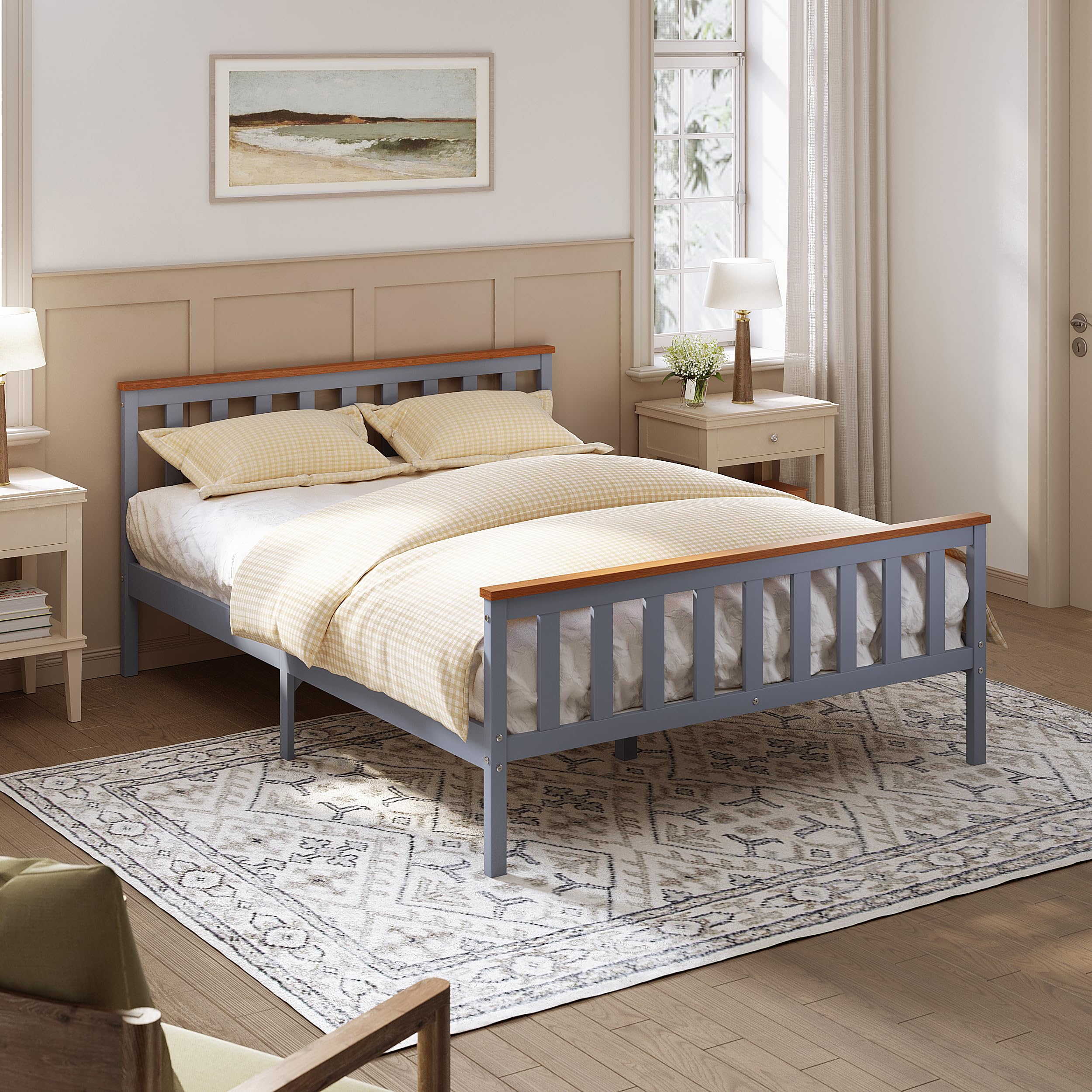 ELEGANT Double Solid Wood Bed Frame with Slatted Headboard 4ft6, 137x190cm