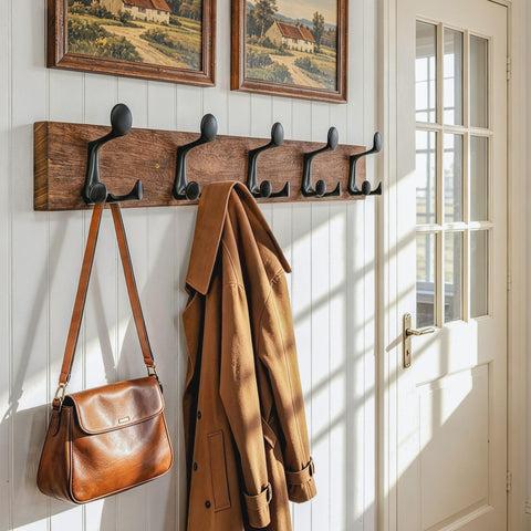 HONSKY Wall Mounted Coat Rack, 76cm Solid Paulownia Wood Base,5 Black Sturdy Aluminium Alloy Triple Hooks(15 Hanging Points)