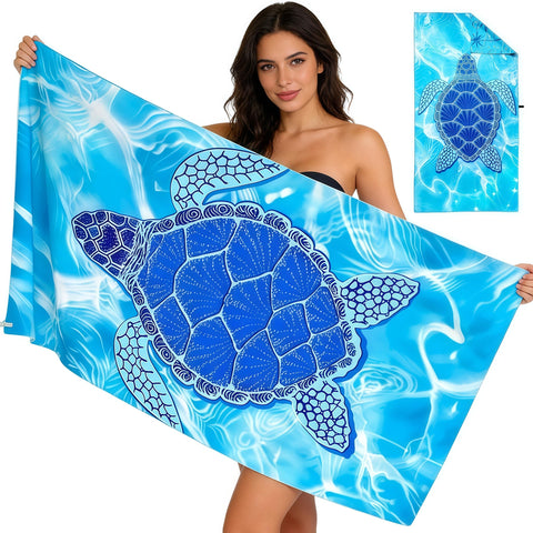 Large Microfibre Beach Towel for Adults with Bag 160x90cm,Blue Quick Dry Beach Towel with Double Sided,Lightweight Beach Microfiber Towels for Travel