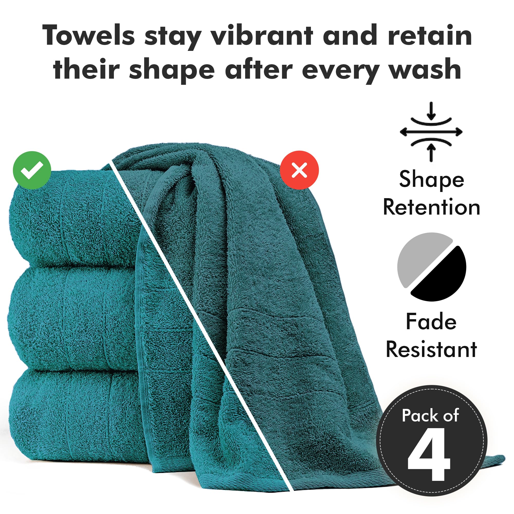 Novo Home Bath Towels Set of 4 – 550 GSM 100% Cotton Teal Extra Large Towels for Bathroom, Spa Use (70x140 cm)