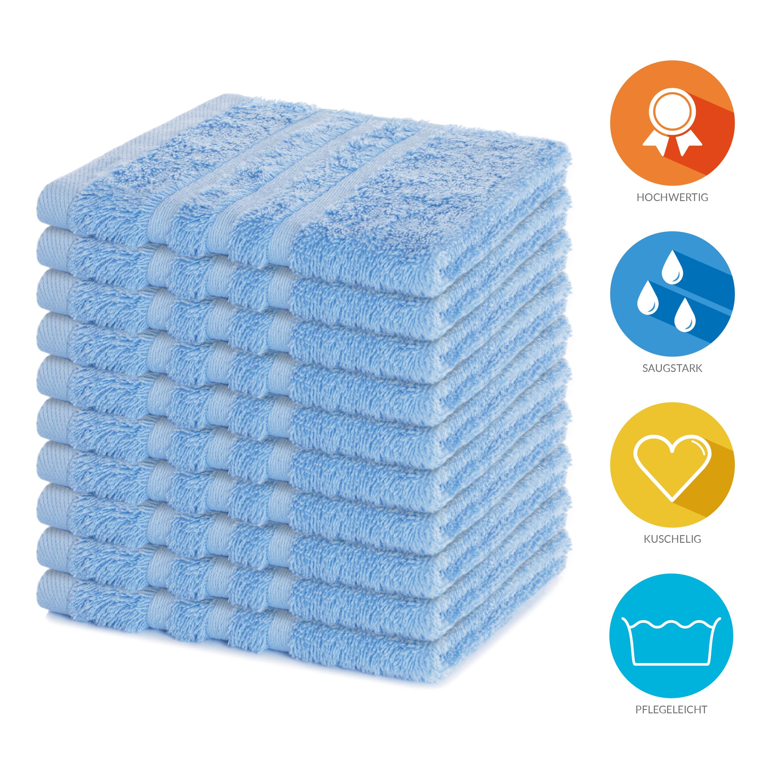 Lavea 10-Piece Terry Cloth Towel Set, 30 x 30 cm, 100% Cotton Terry 500 g/m², Guest Towels and Small Washcloths, Easy Care at 60 °C