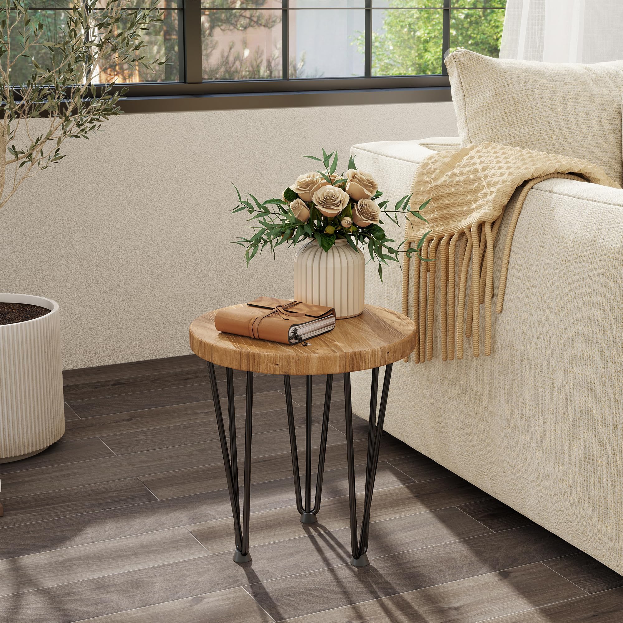 Fun Memories Round Coffee Table - Elm Wood Nesting Table with Metal Legs & Non Slip Feet Base - Rustic Nesting End Tables for Living Room Bedroom